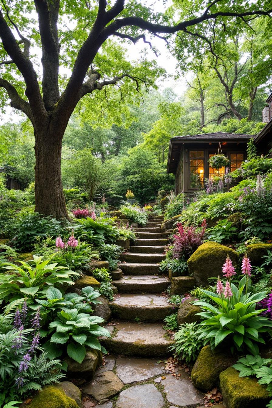 Stone steps surrounded by vibrant flora leading to a cozy wooden cabin