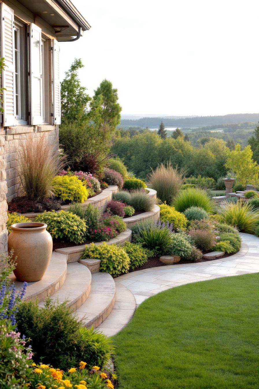 Terraced landscape with colorful plants and stone steps