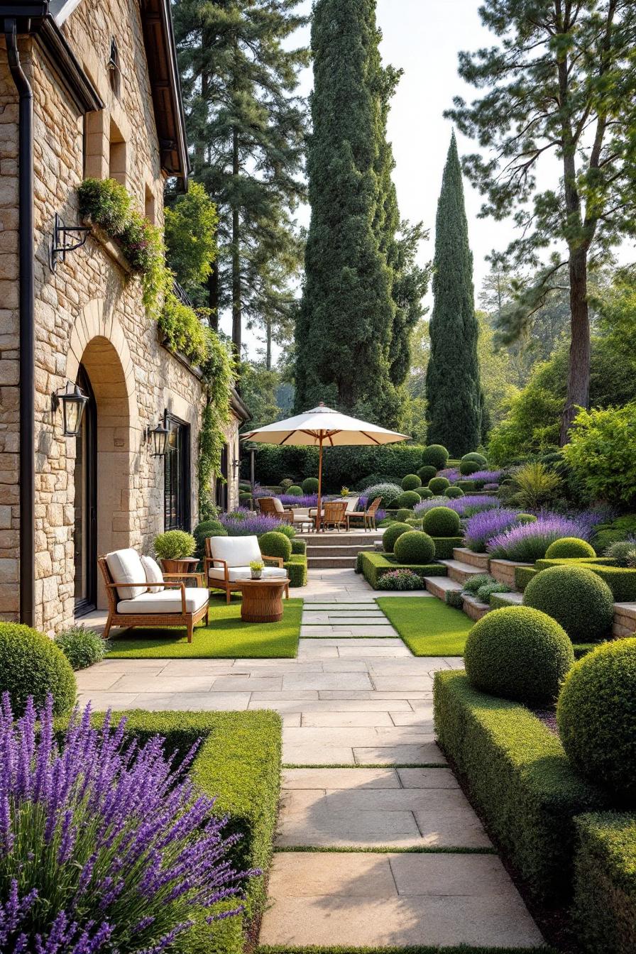 Terraced backyard with elegant stone pathways and lush greenery