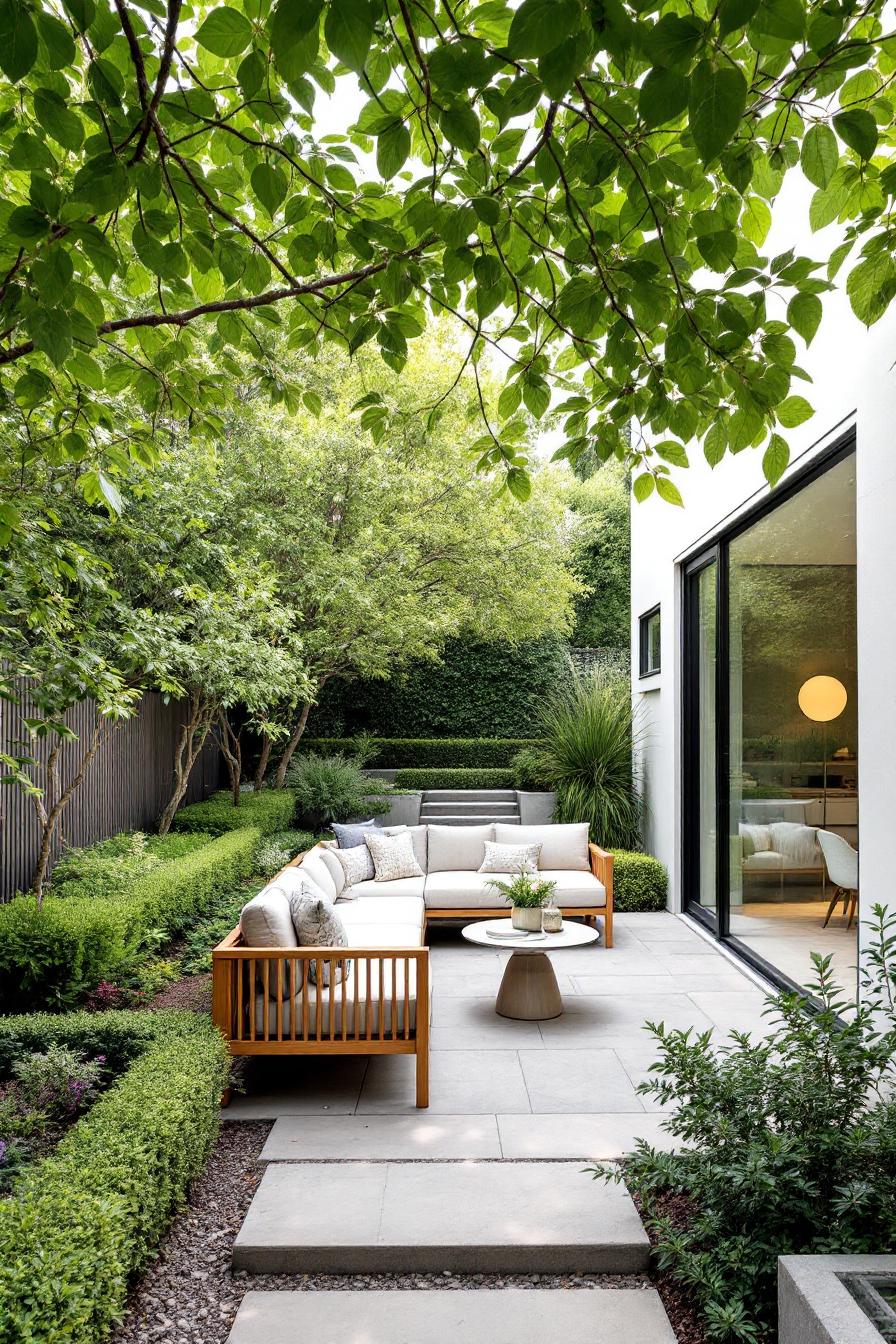 Modern patio with lush greenery and outdoor seating