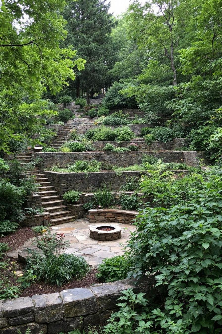 Stone steps ascend through lush greenery