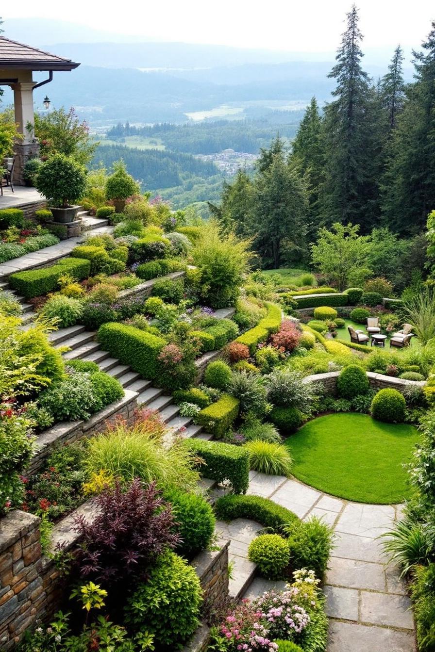 Terraced landscape with lush greenery and stone pathways