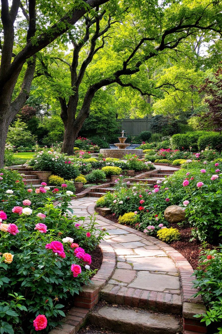 Colorful flowers and stone paths with a fountain centerpiece
