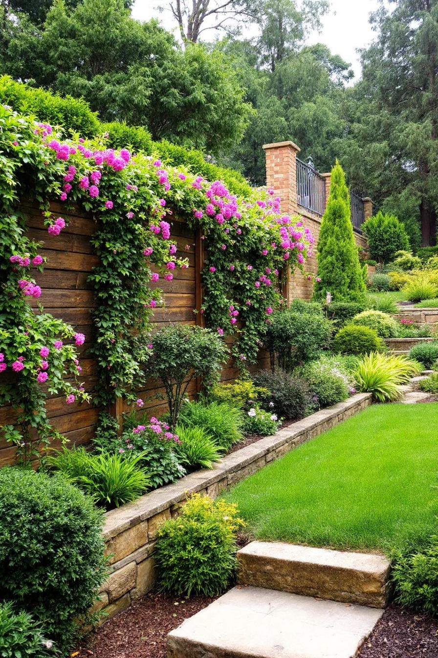 Terraced garden with wooden fencing and vibrant flowers