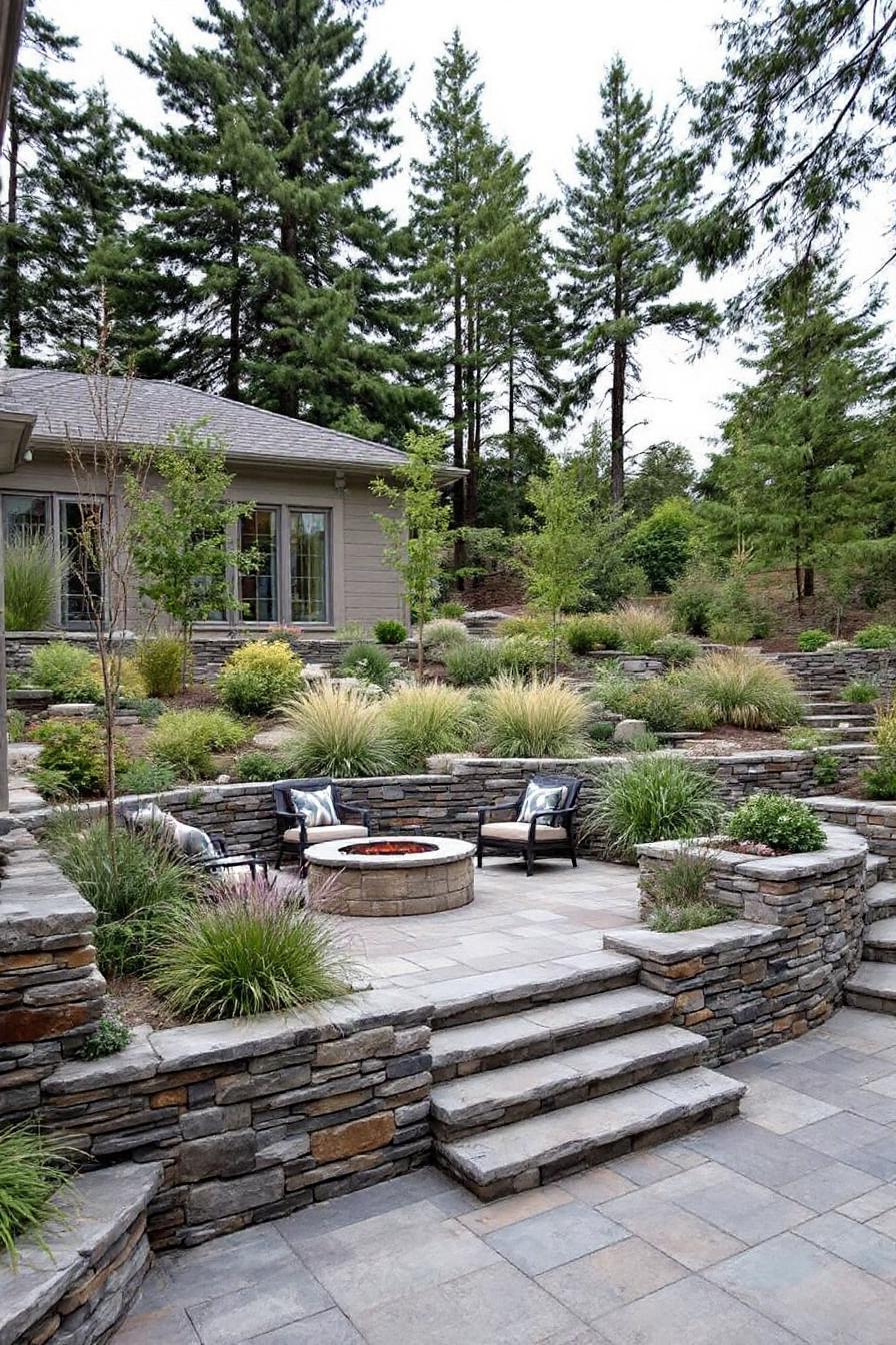 Terraced backyard with stone walls and greenery