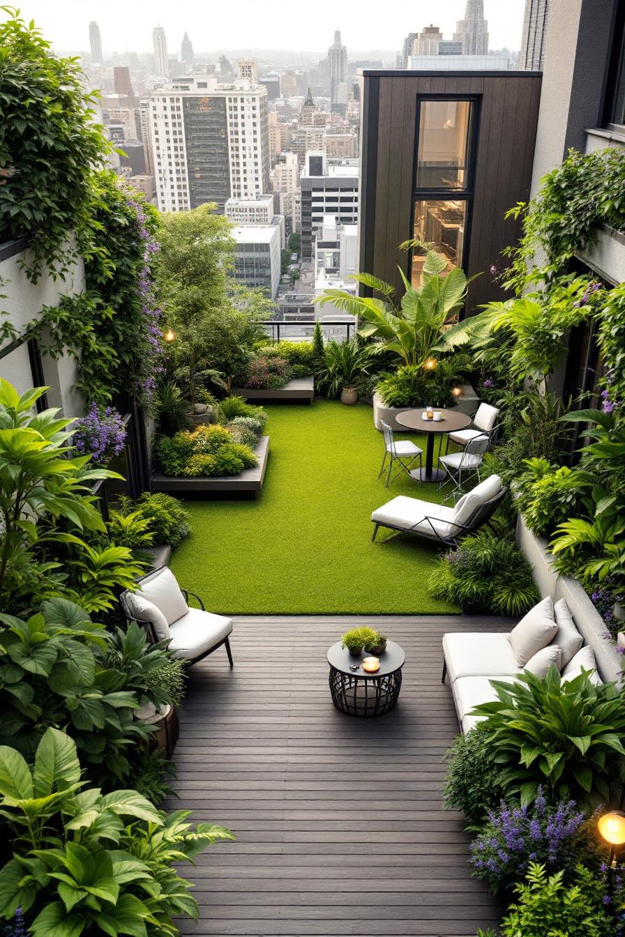 A cozy terrace garden with lush greenery and city skyline backdrop