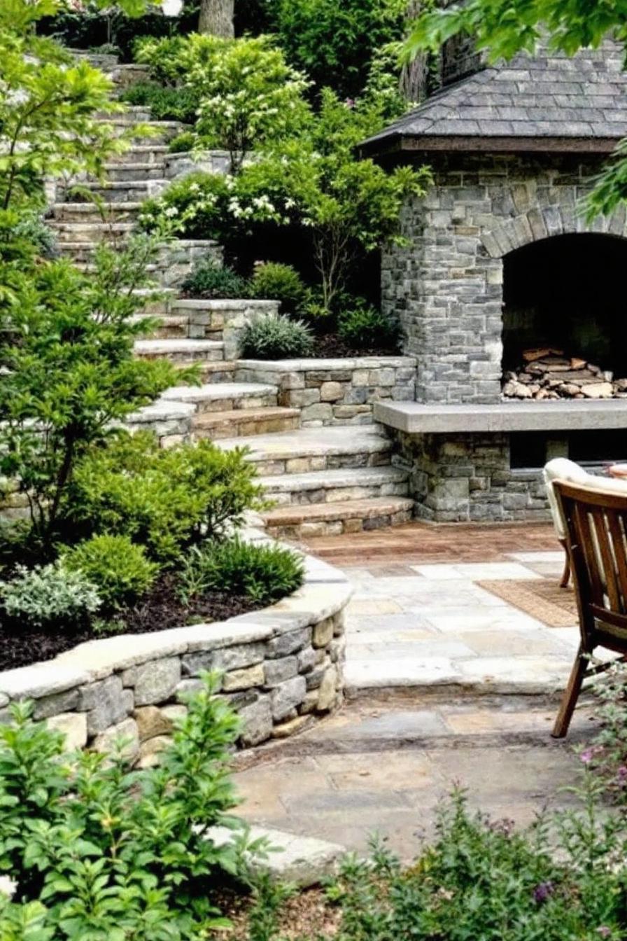 Stone steps ascending through lush garden
