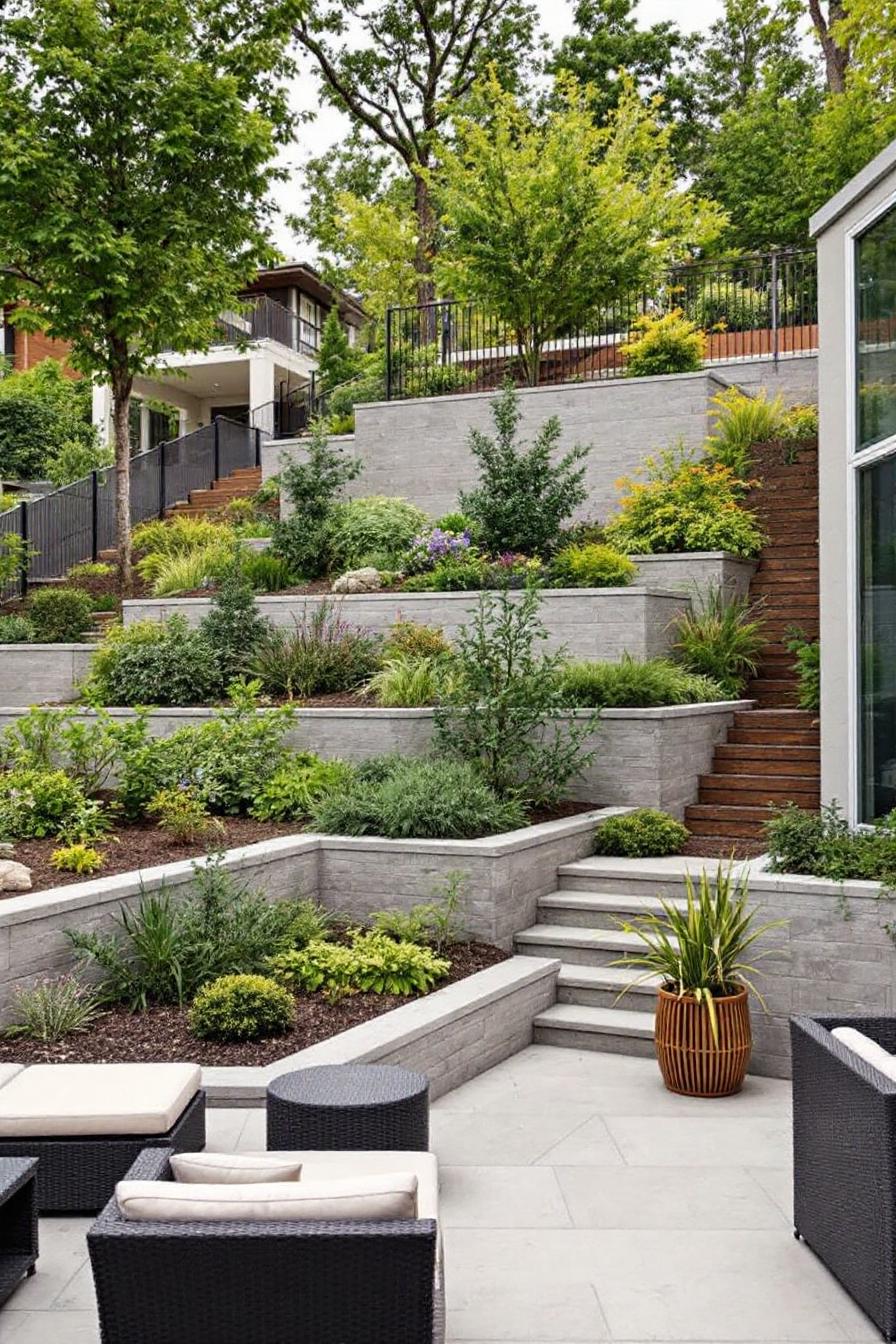 Terraced garden with layers of plants and stairs
