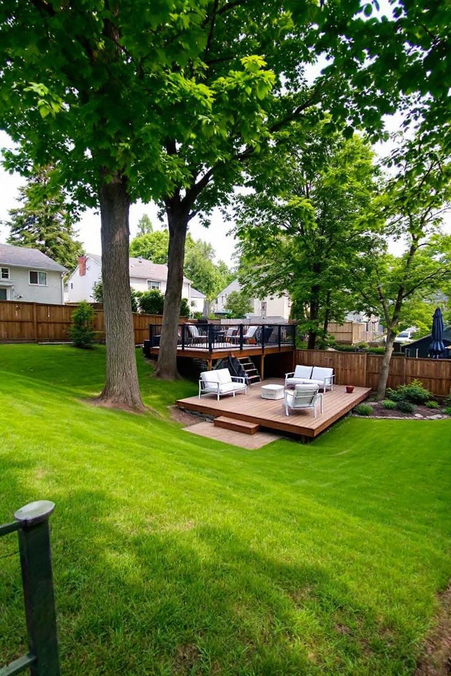 Wooden deck with seating in a lush backyard