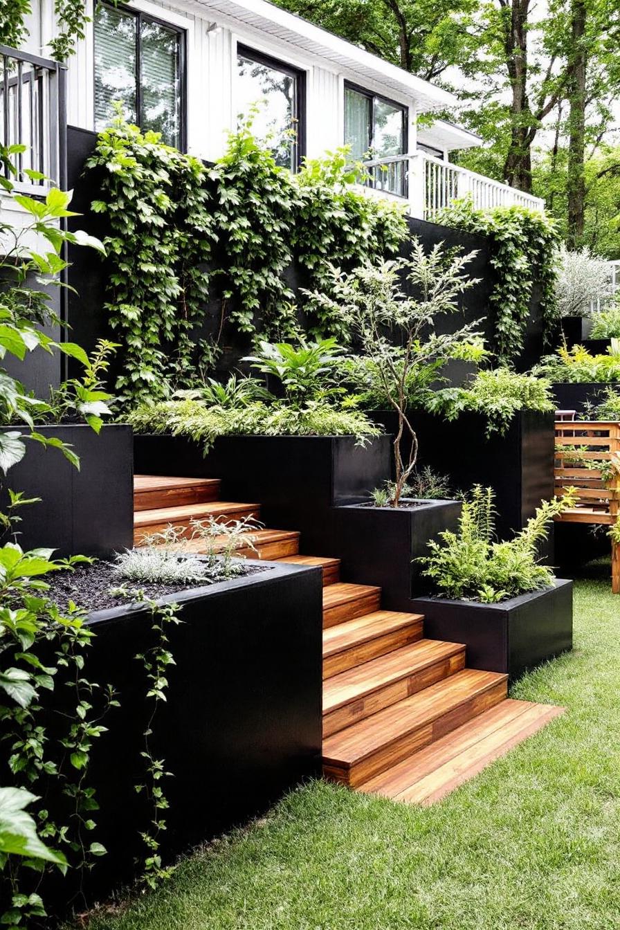 Terraced garden with wooden steps and lush plants