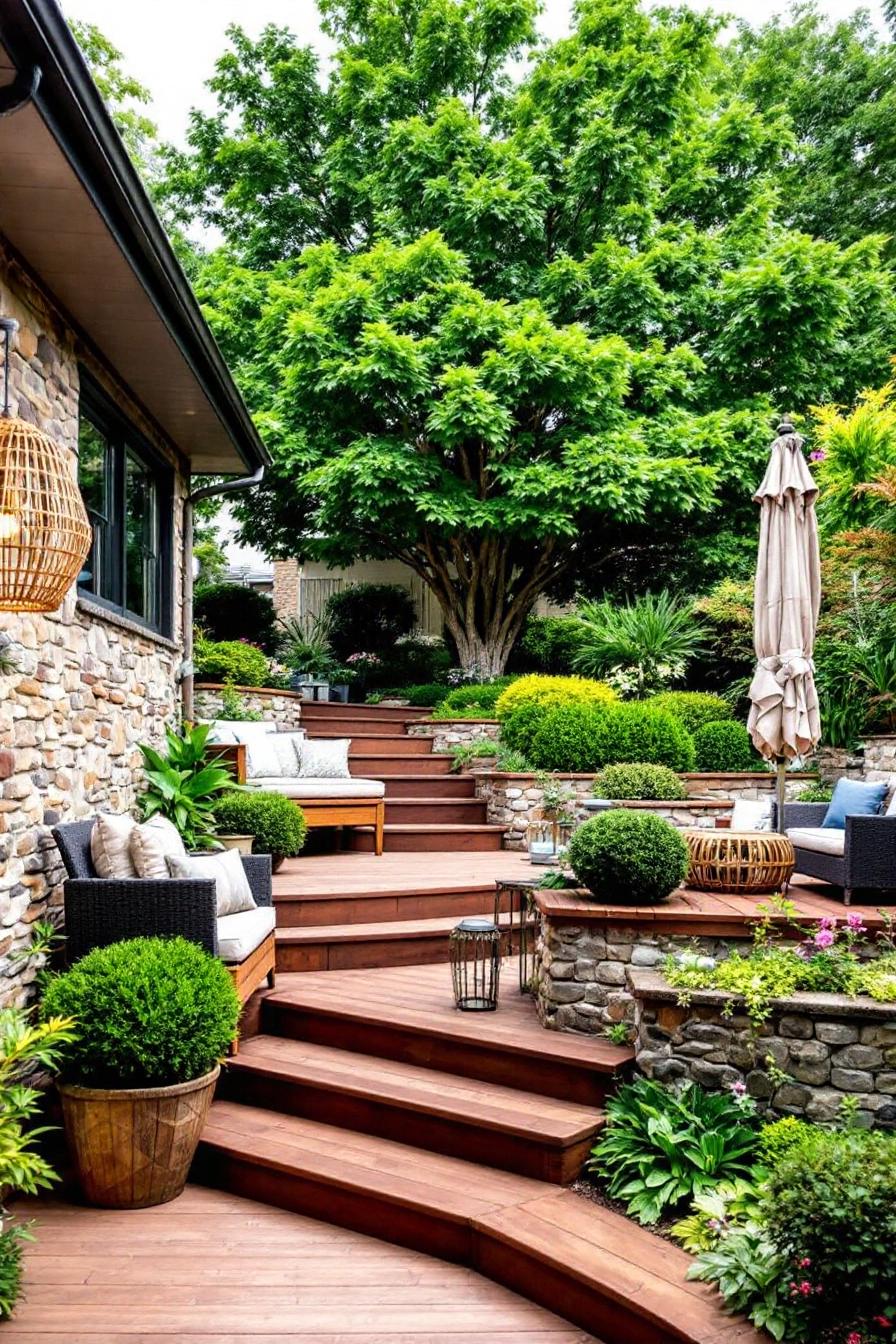 Terraced garden with wooden steps and lush greenery