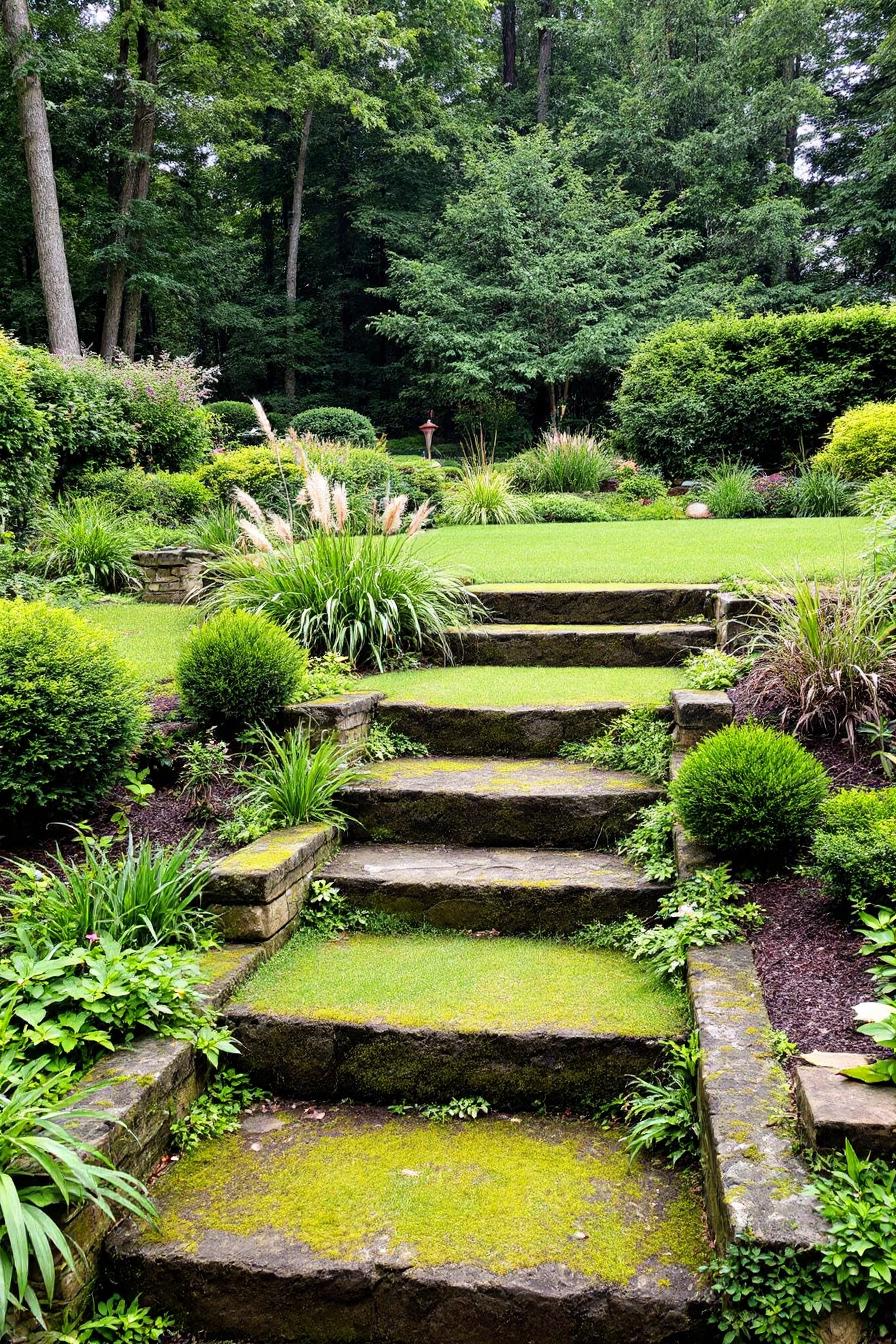 Stone steps leading through a vibrant garden landscape