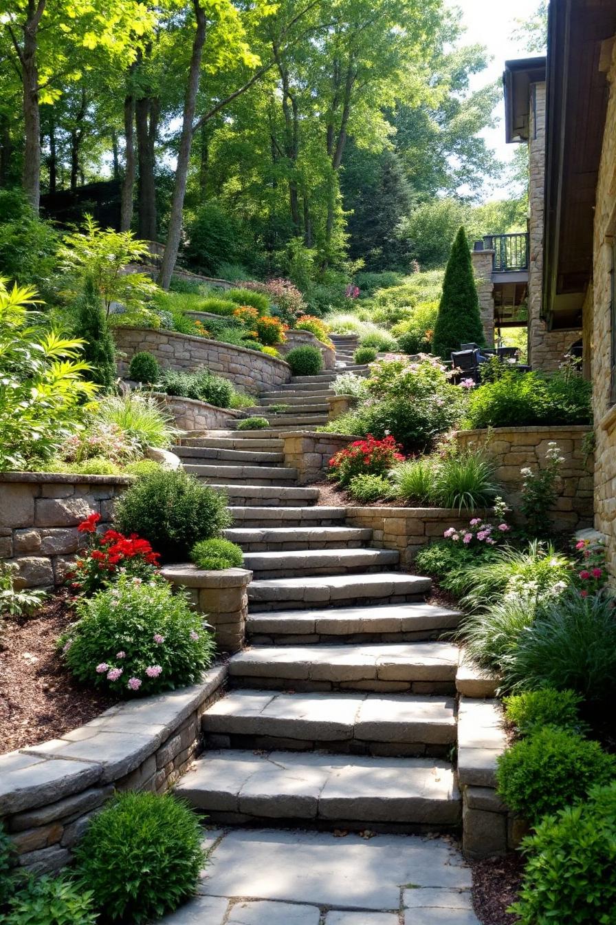 Stone steps winding through terraced garden with vibrant flora