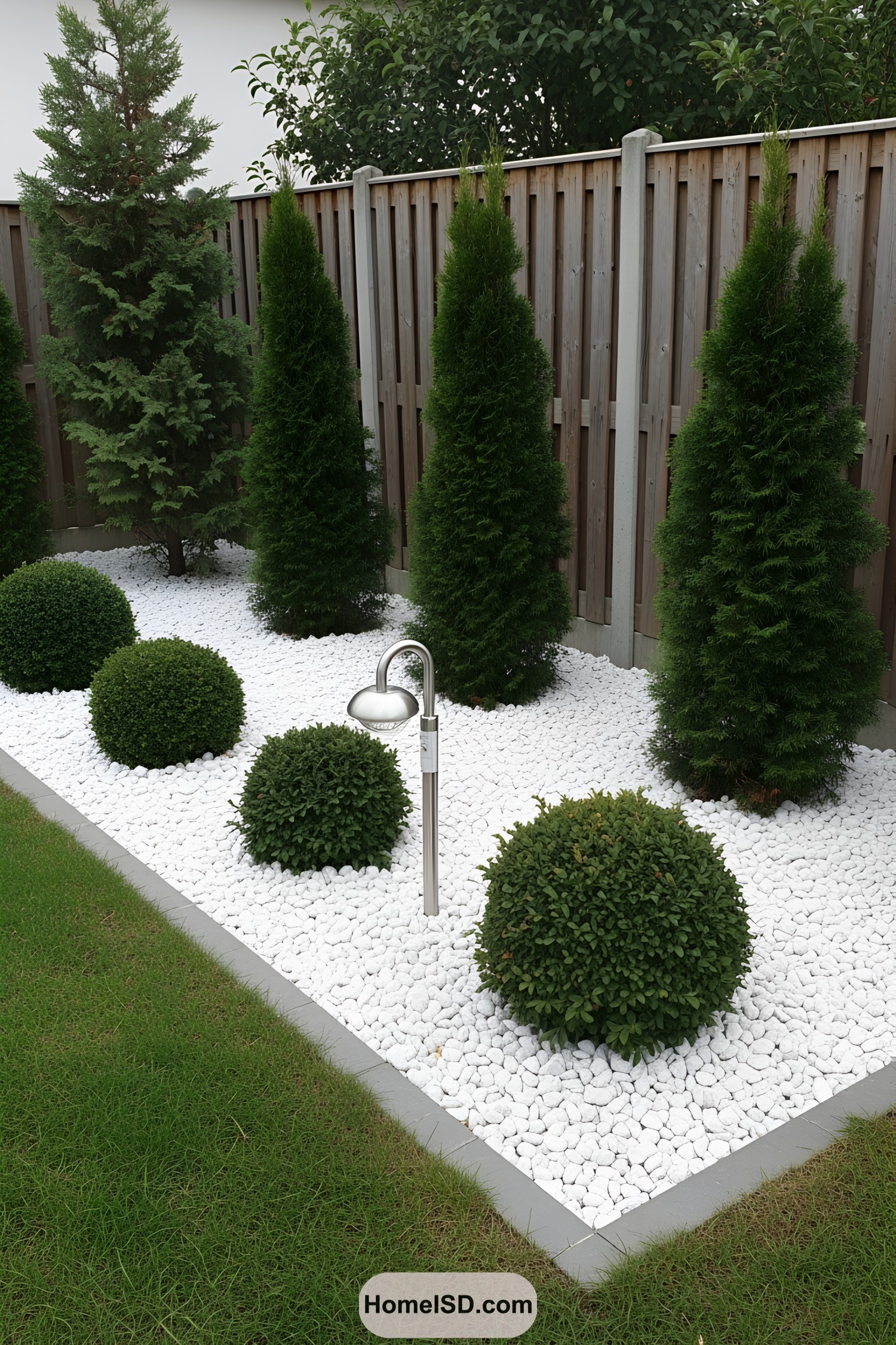 Neatly arranged evergreen plants on white stones beside a wooden fence