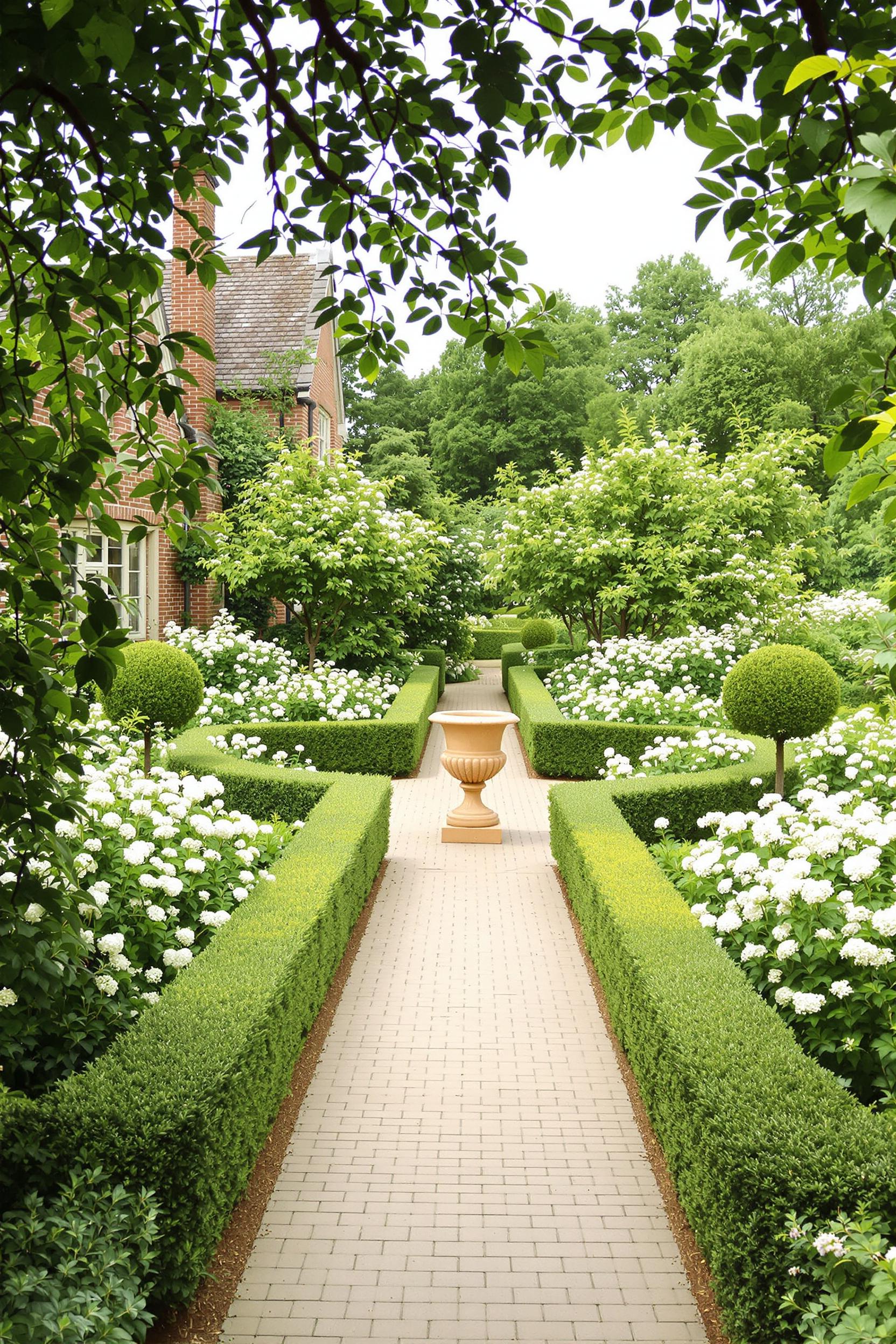 Manicured garden with green hedges and white flowers
