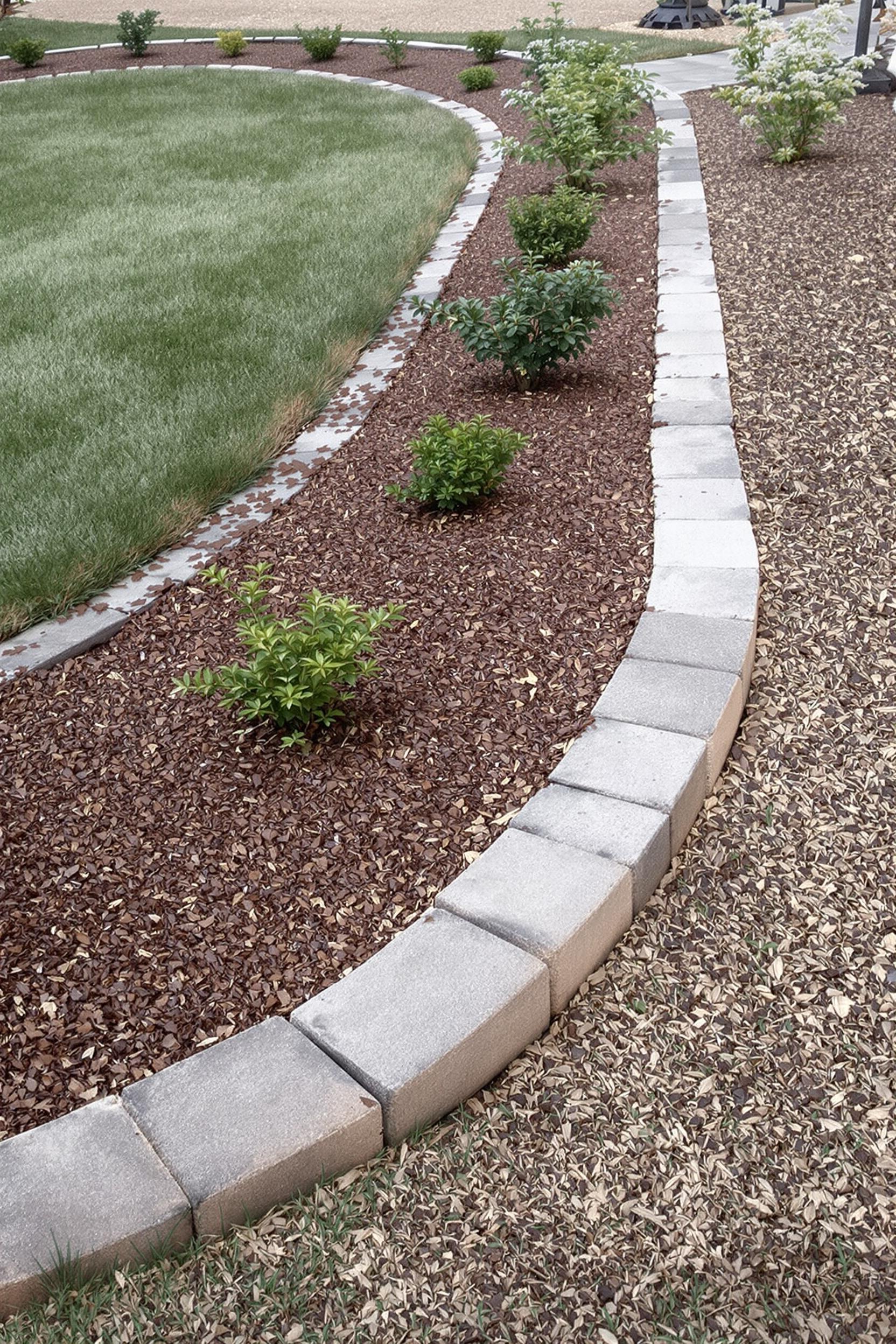 Curved stone edging with mulch and shrubs