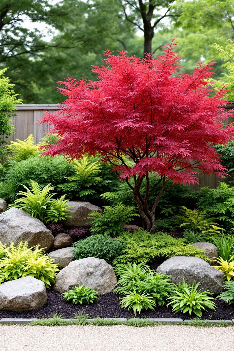 Japanese maple surrounded by lush green foliage and rocks