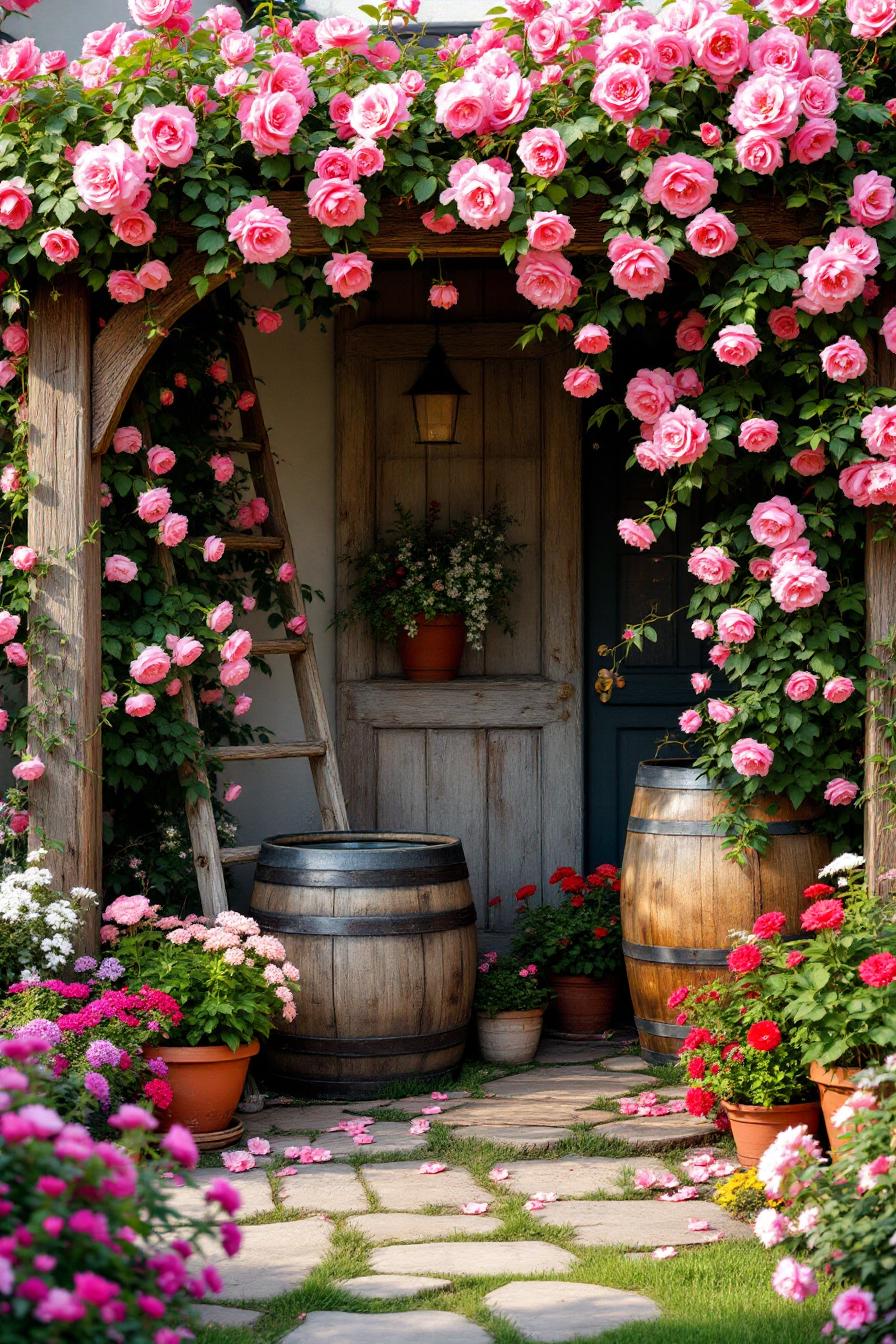 Lush garden with pink roses and wooden barrels