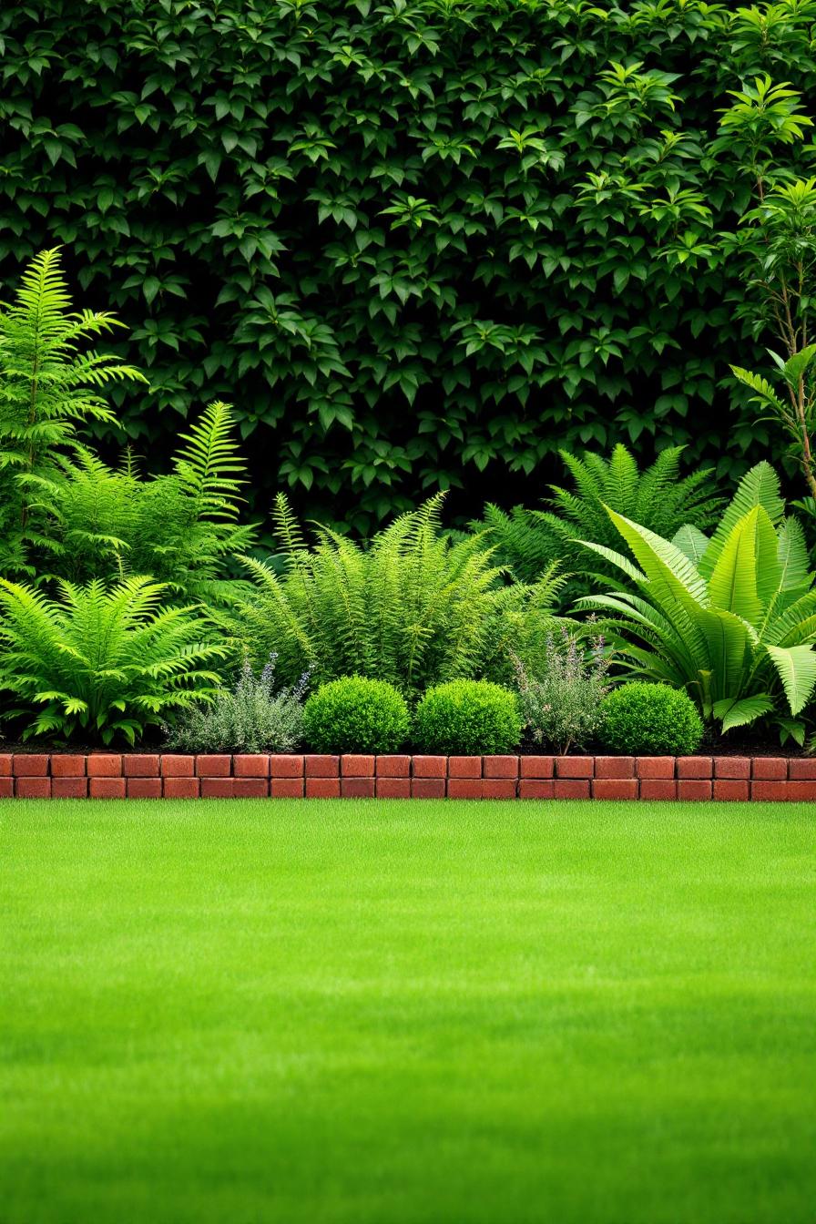 Green garden with brick-edged flowerbed