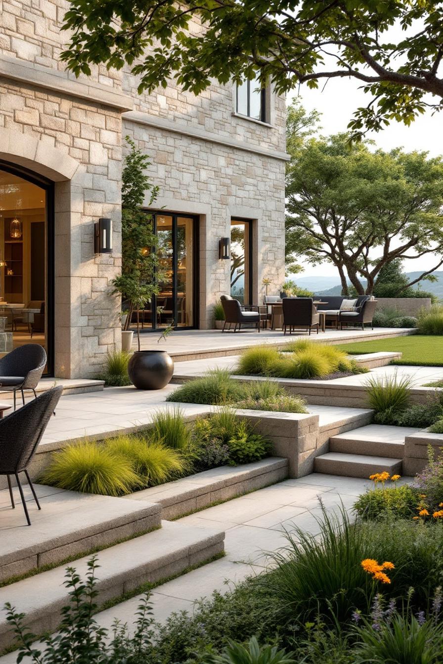 Spacious terrace with modern seating and lush garden