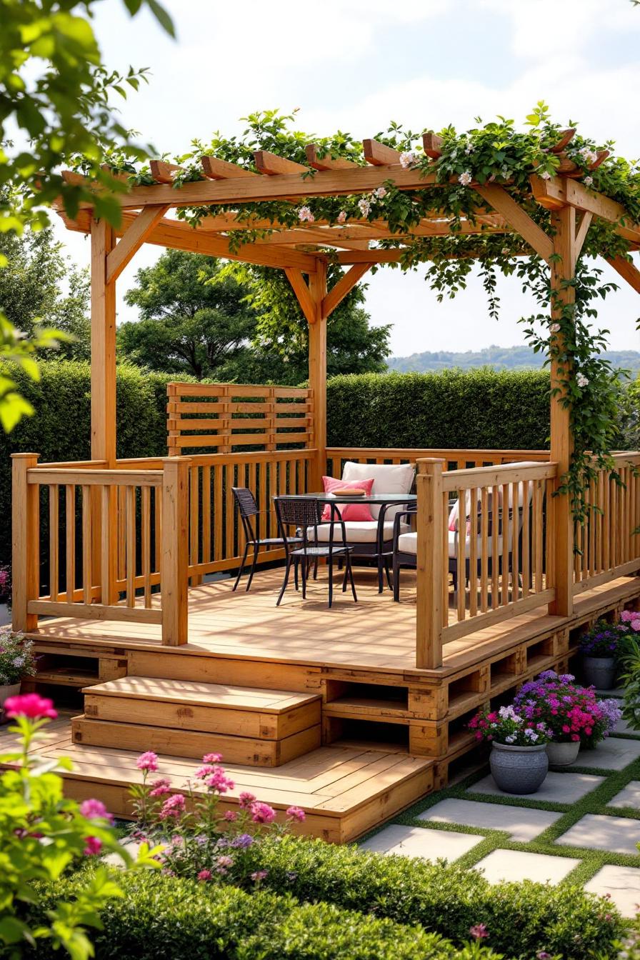 Wooden deck with pergola and seating area surrounded by greenery