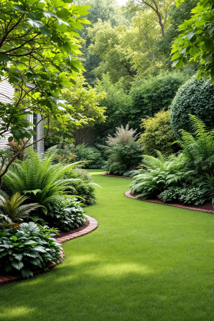 Green garden with brick-edged path and lush plants
