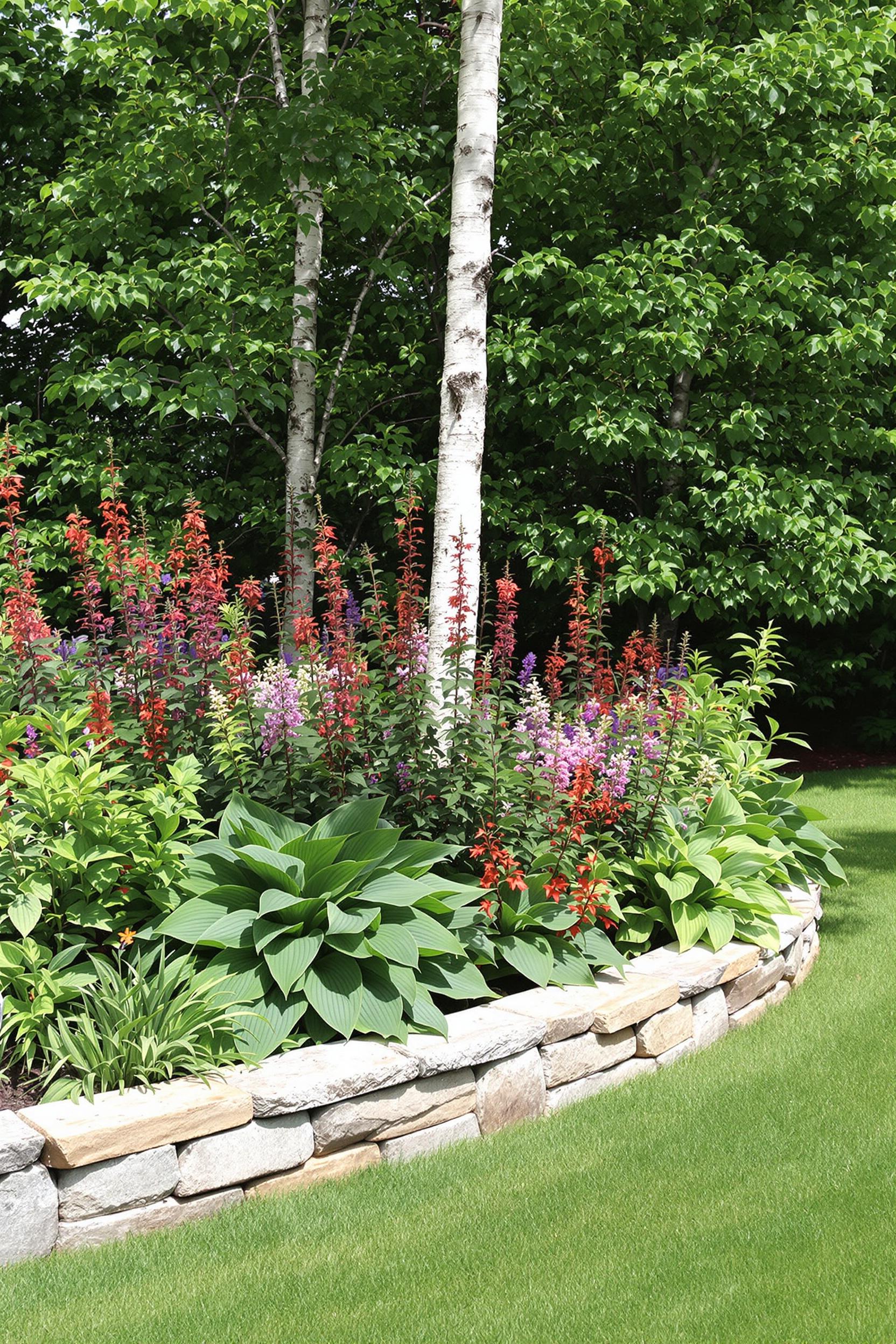 Garden bed with vibrant flowers and stone edging