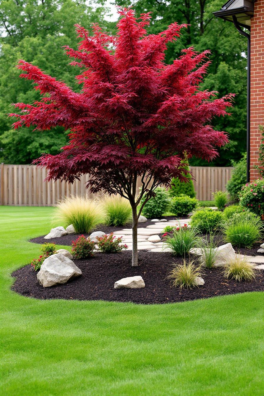 Japanese maple tree with red leaves surrounded by a lush garden
