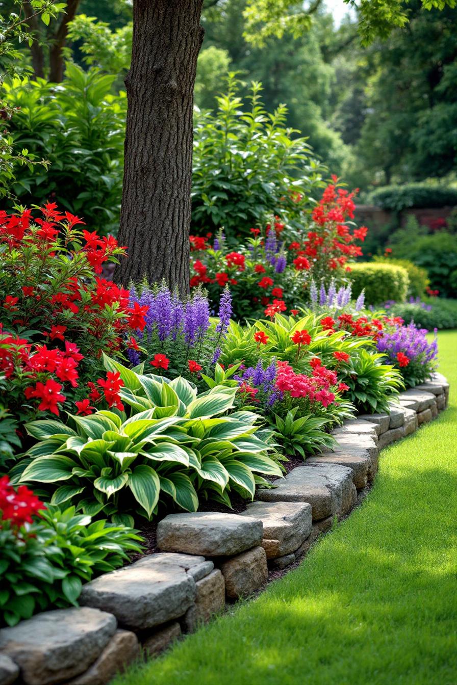 Colorful flowers and lush greenery bordered by stone edging