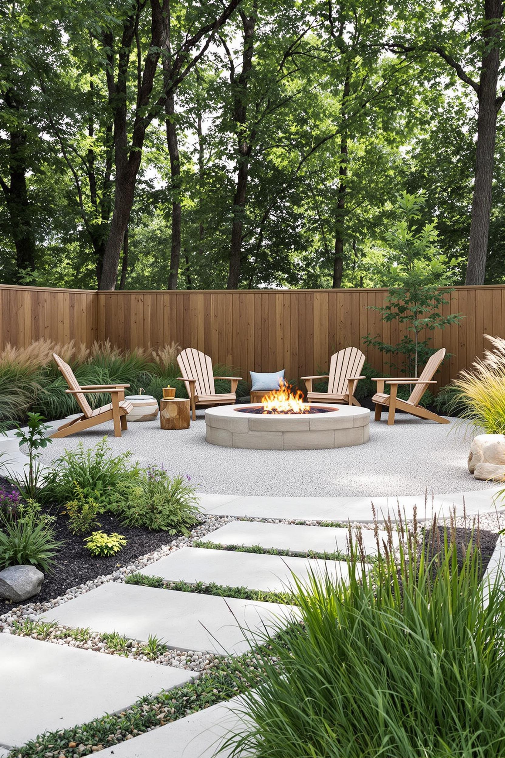 Cozy fire pit with wooden chairs in scenic garden