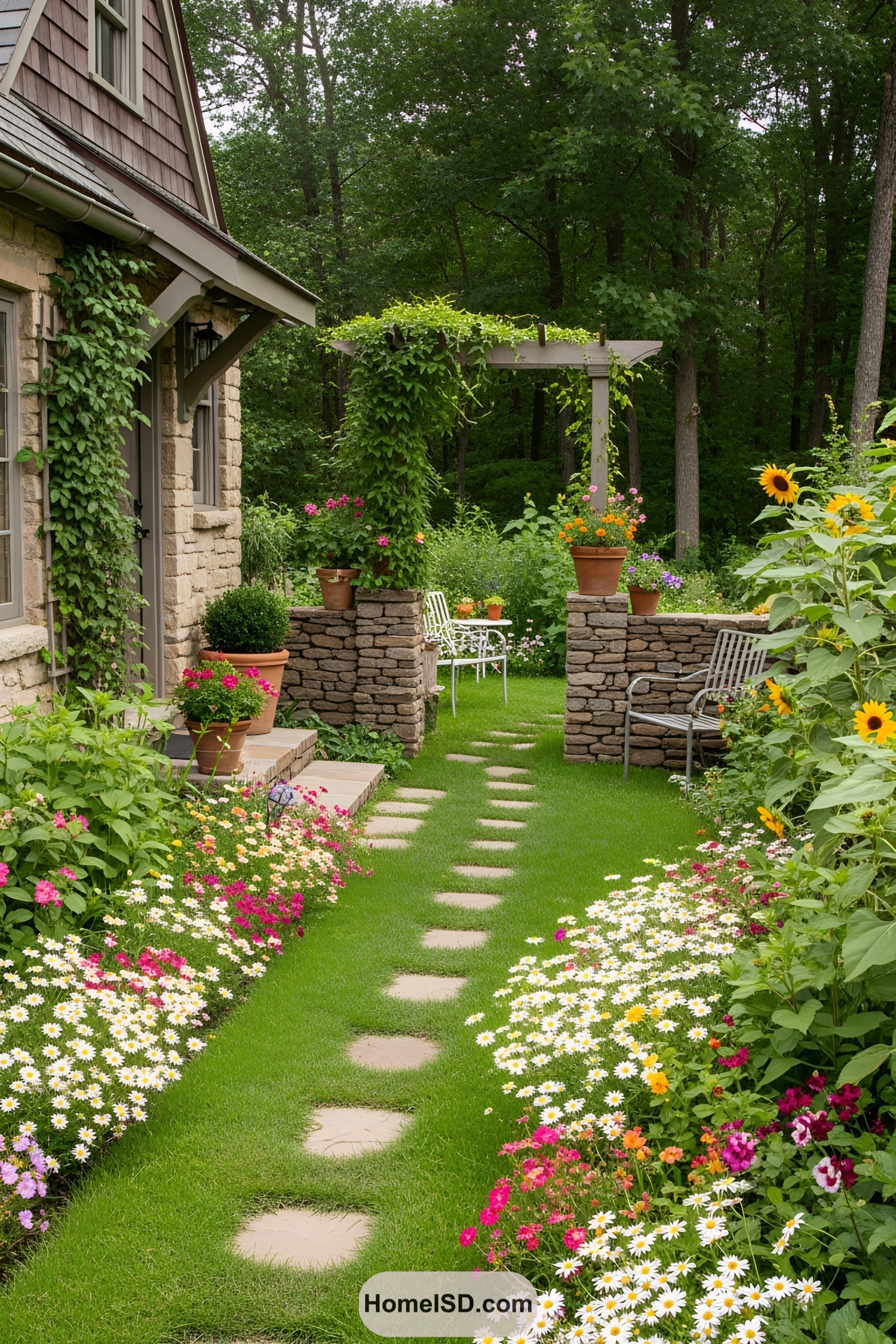 Stepping stones amidst a lush cottage garden