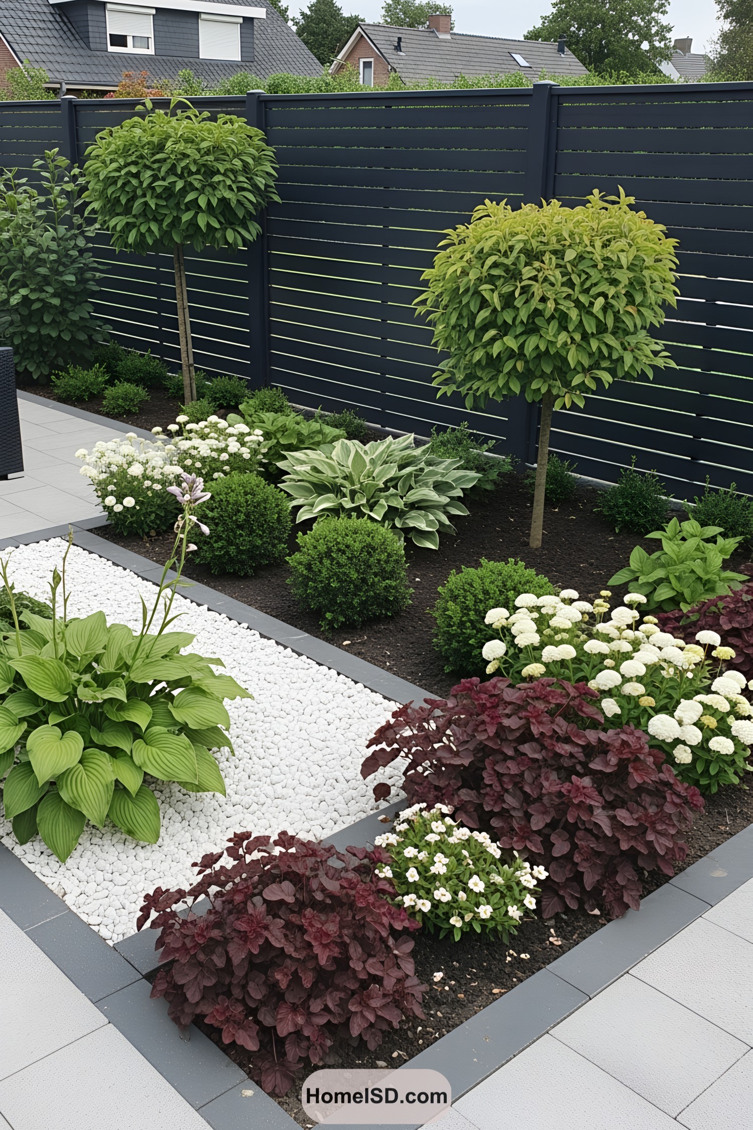 Trimmed shrubs with white stone pathway in a modern garden