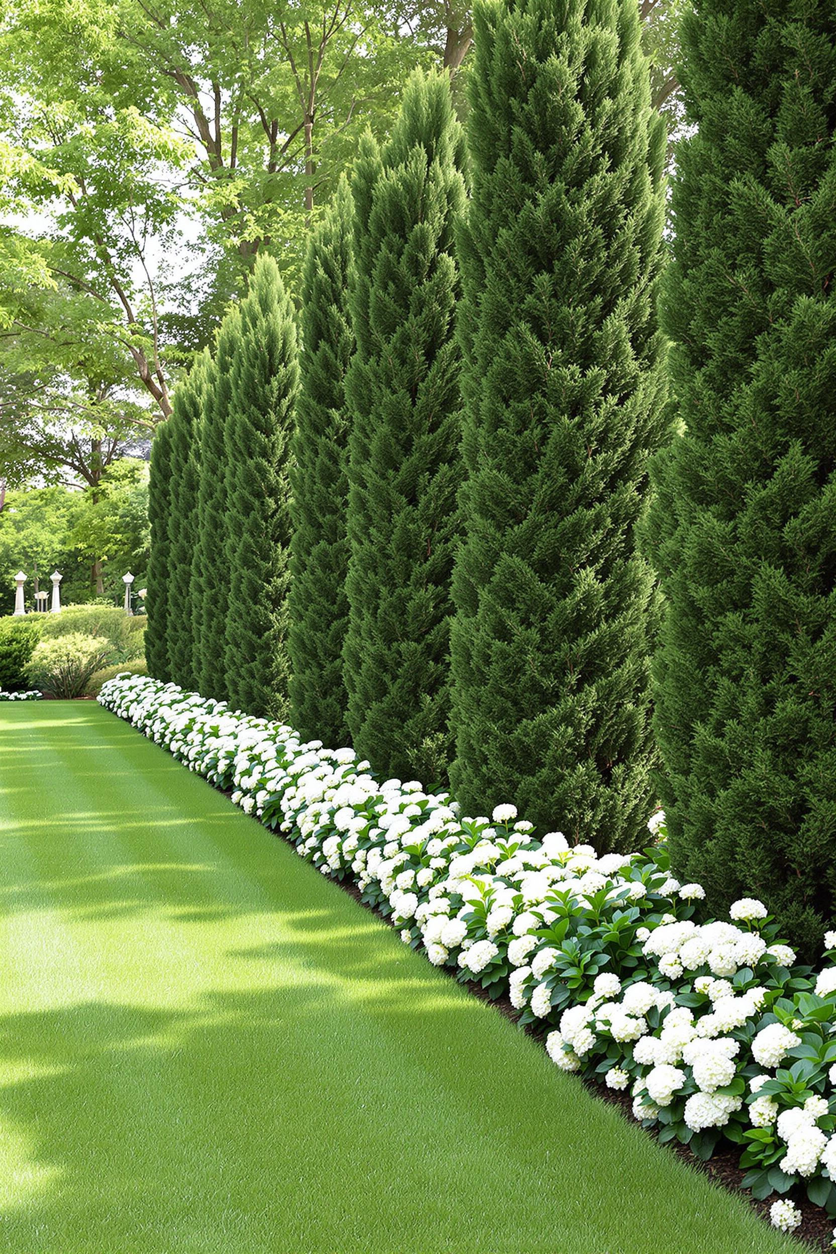 Lush garden with a row of white flowers and tall evergreens