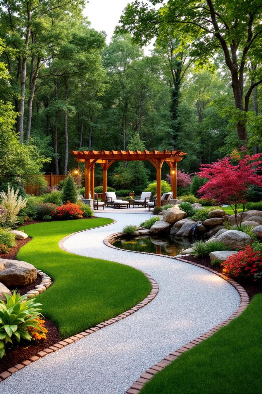 Lush backyard with winding path and pergola