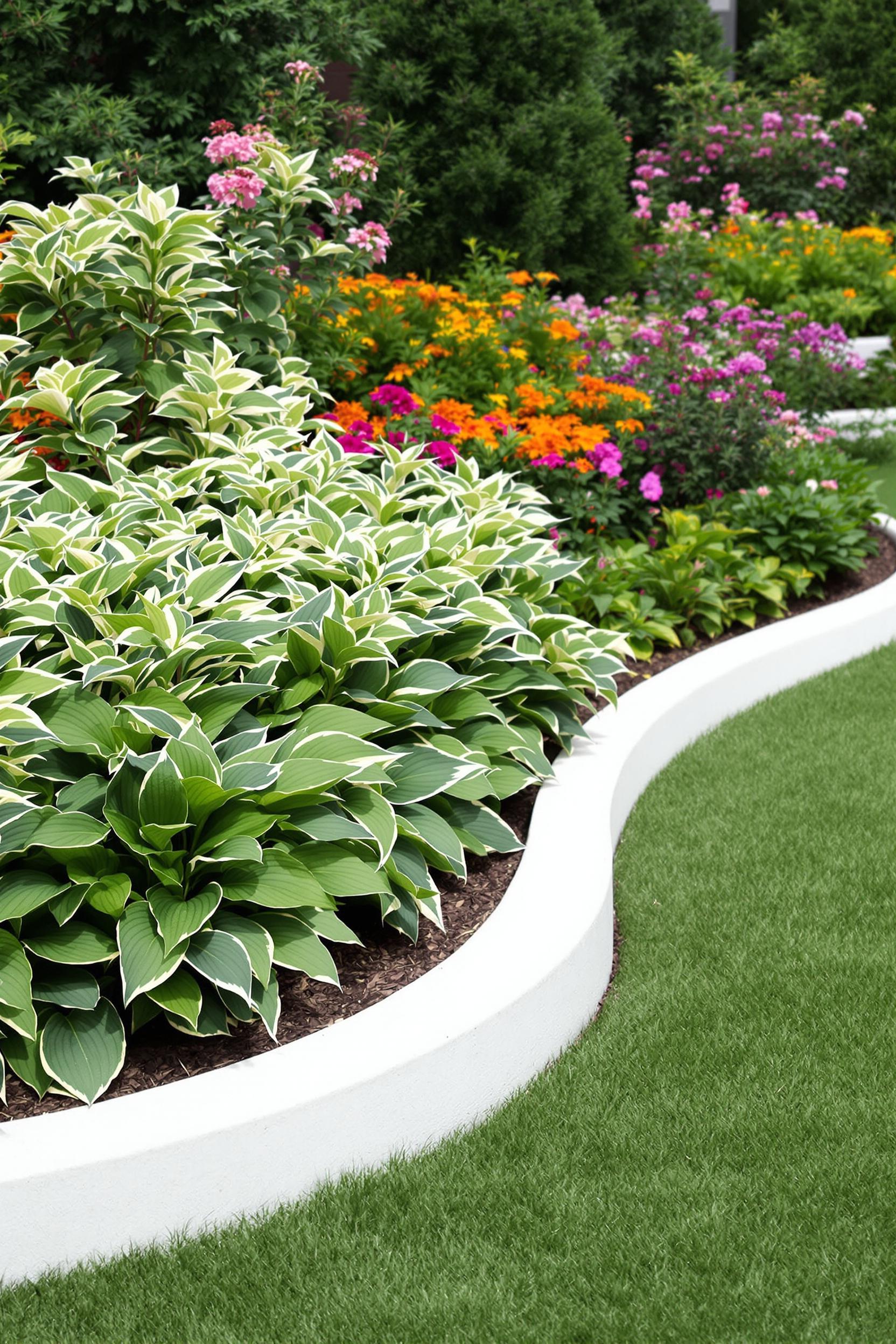 Vibrant garden with lush plants and a sleek white border