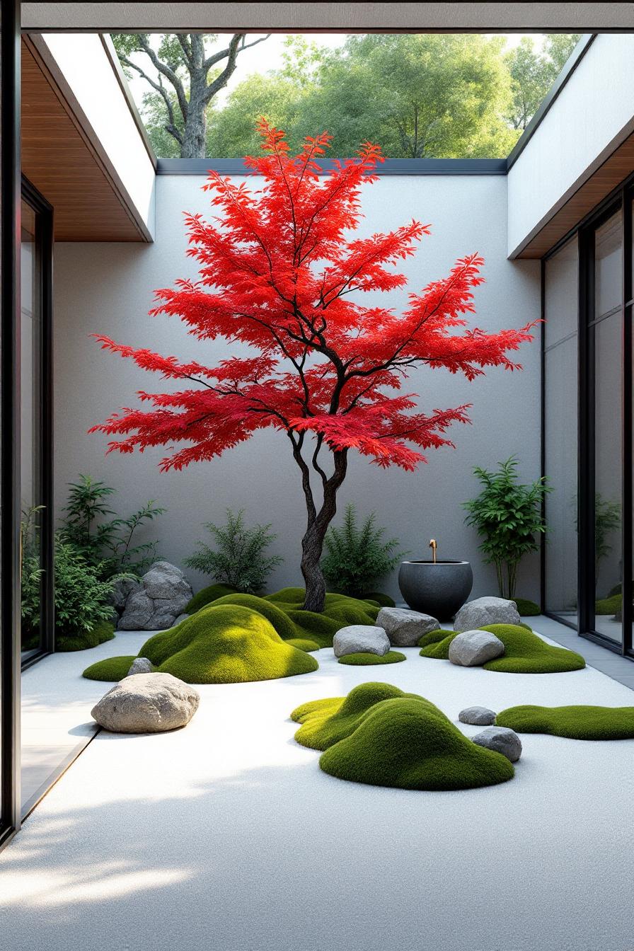 Vibrant red maple tree in a serene, minimalist courtyard