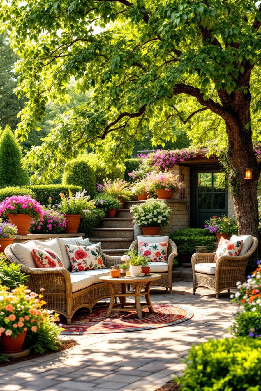 Cozy outdoor seating with floral accents beneath lush greenery