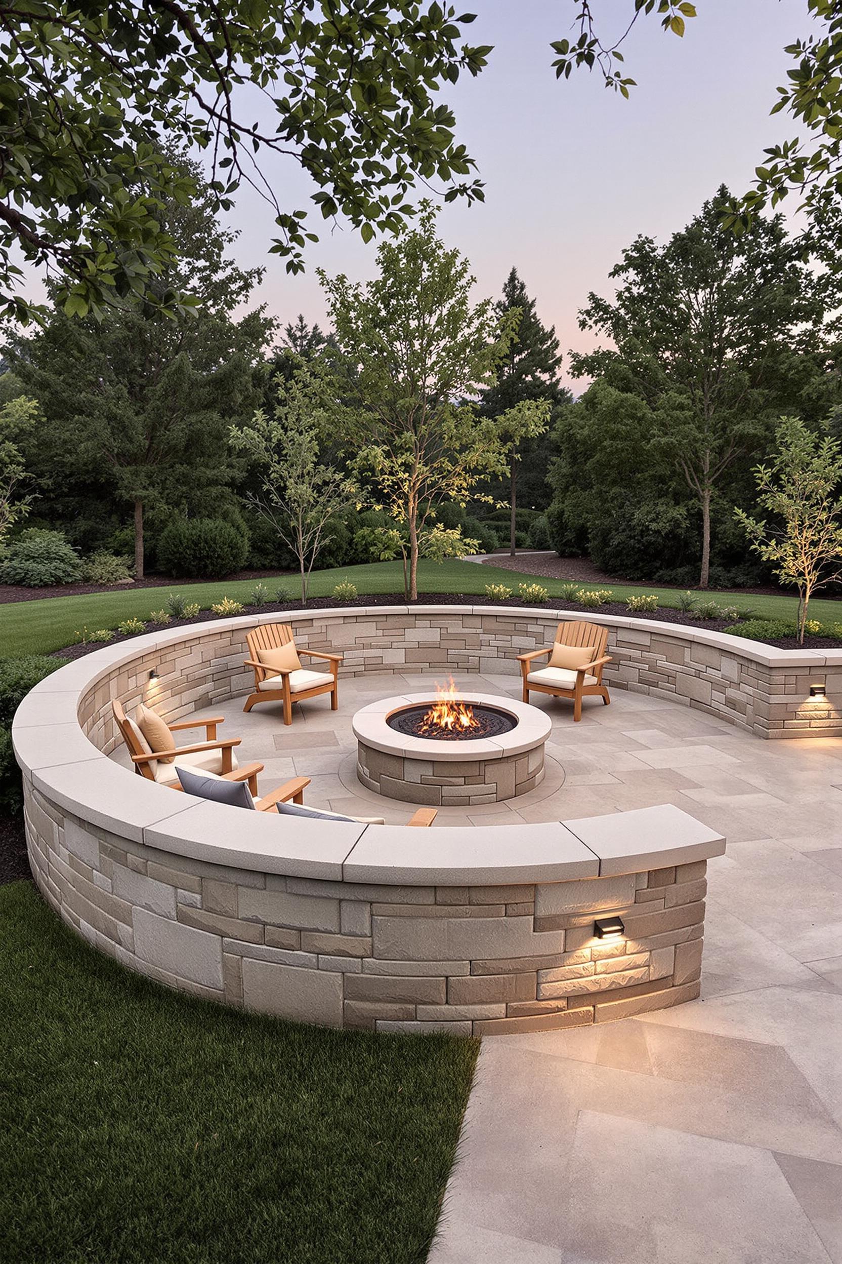 Circular stone patio with fire pit surrounded by chairs and trees