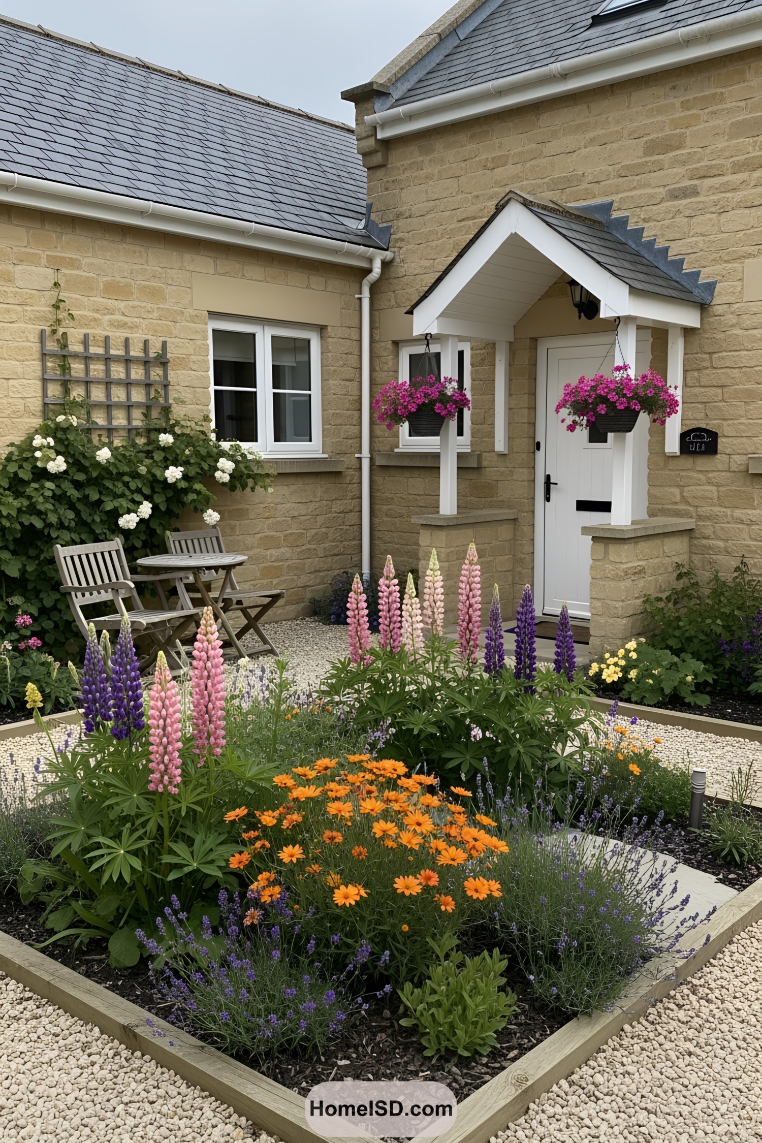 Cozy cottage garden with colorful flowers and seating