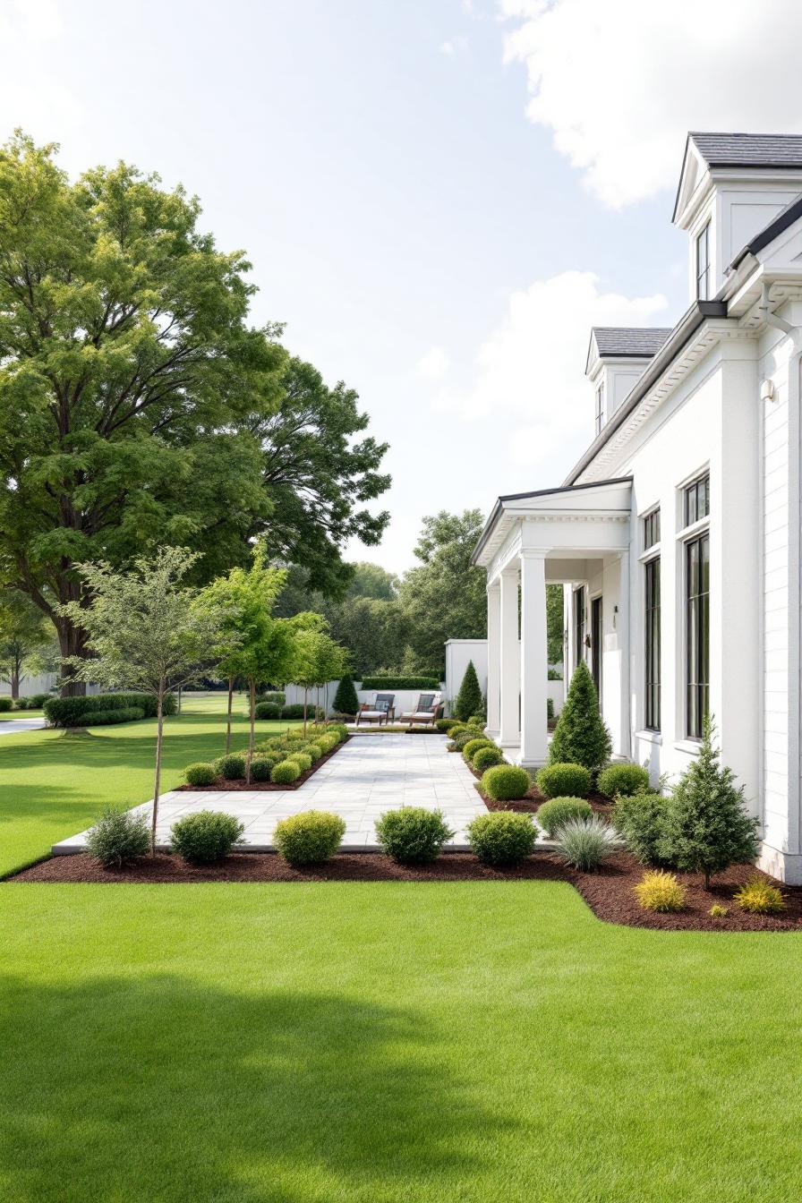 Elegant garden with symmetrical shrubbery and spacious patio