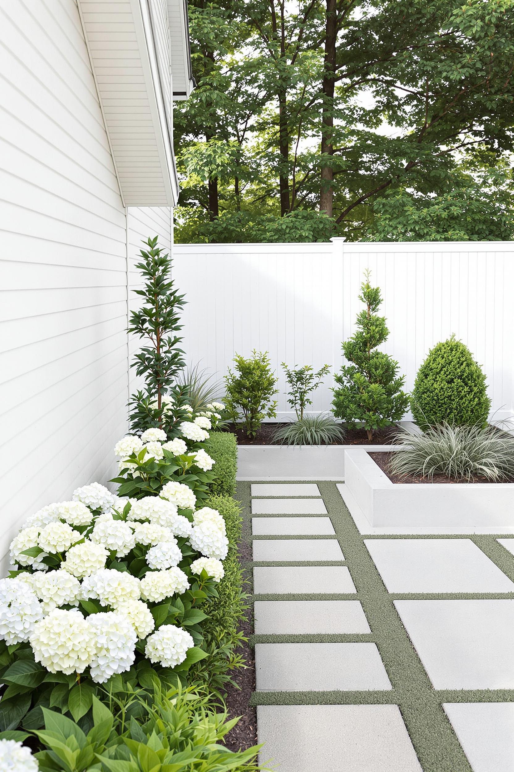 White hydrangeas and green shrubs by a white fence