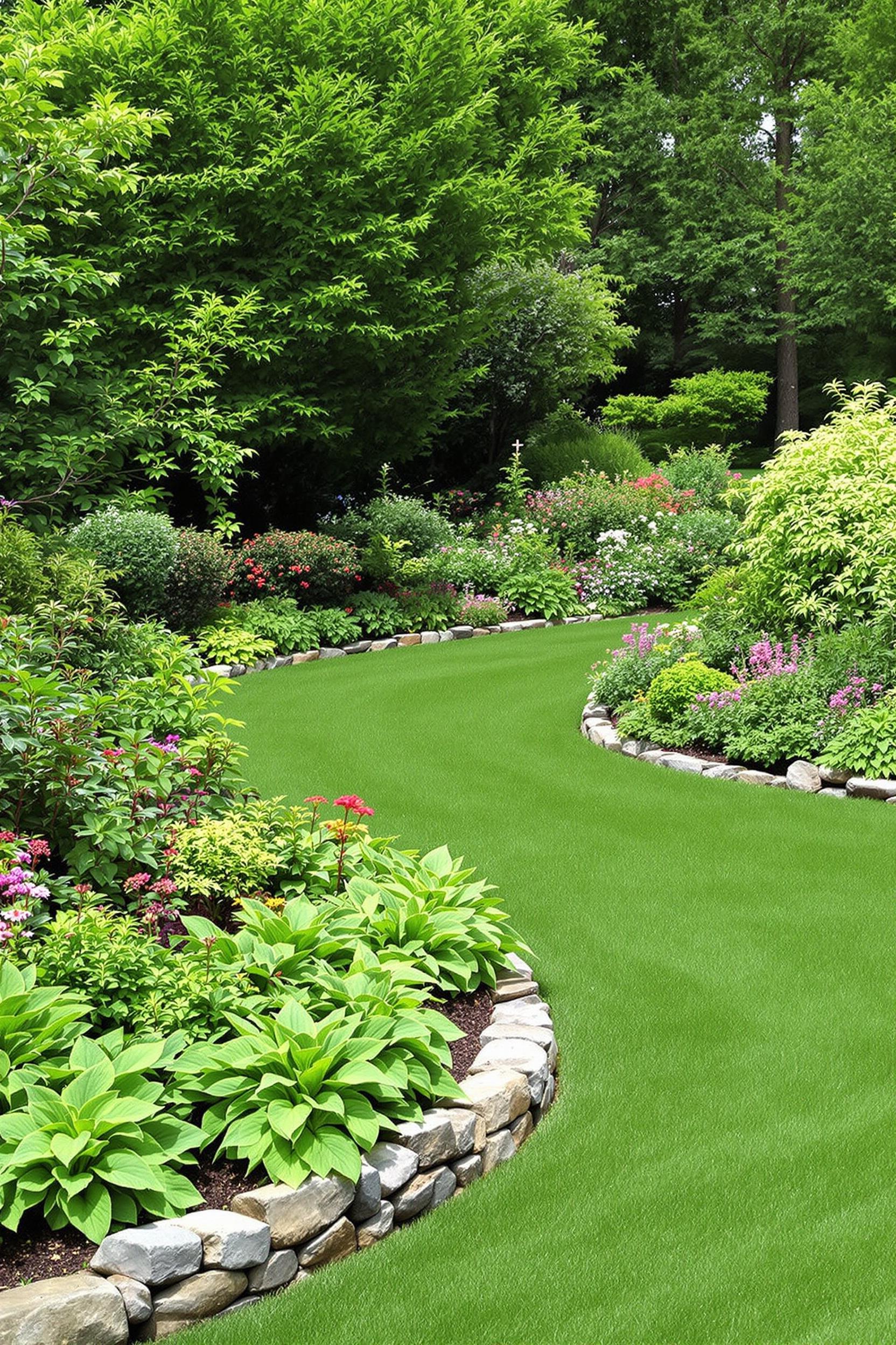 Curved stone-edged garden bed with lush plants and flowers