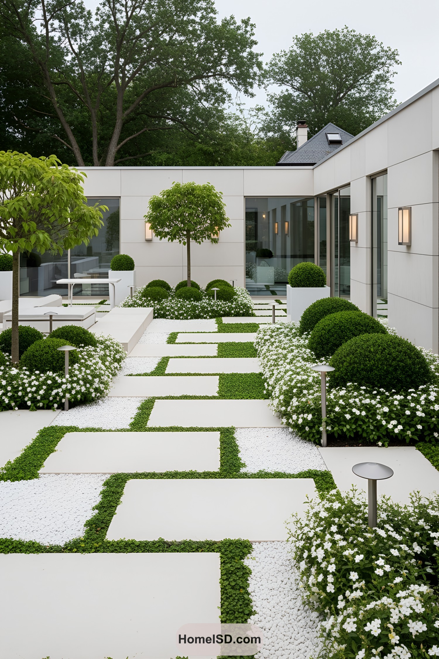 Elegant courtyard with white stone paths and greenery