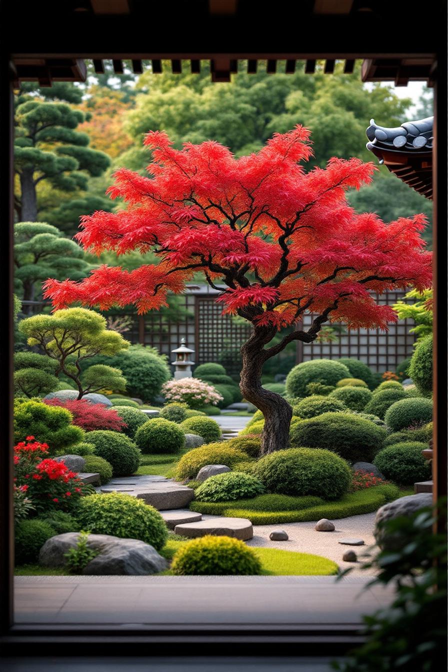 Japanese maple tree in a tranquil Japanese garden