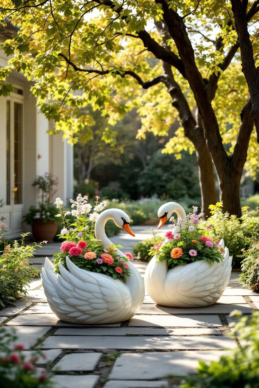 Swan-shaped planters with colorful flowers on a stone path in a garden