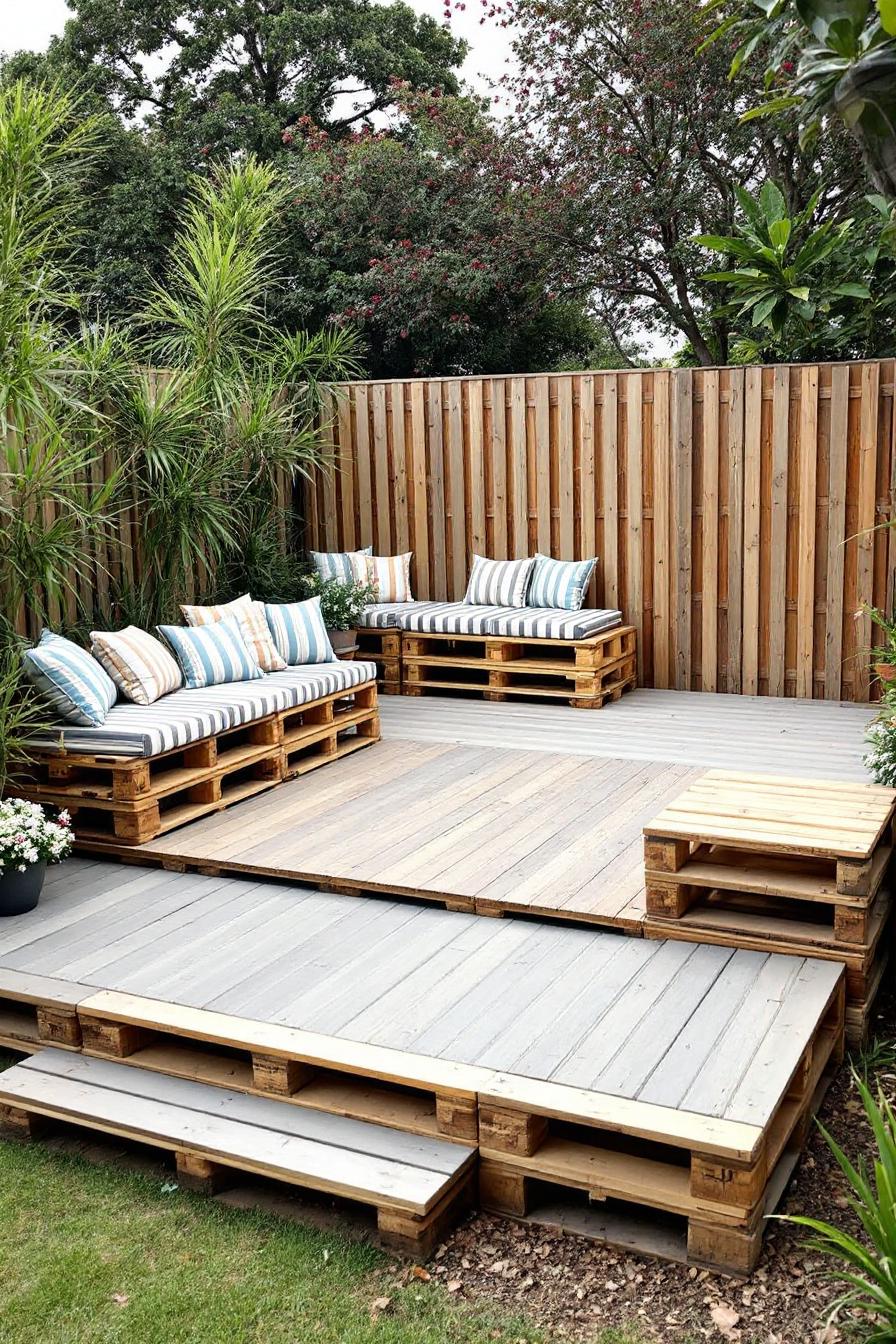 Outdoor patio deck with pallet seating and cushions