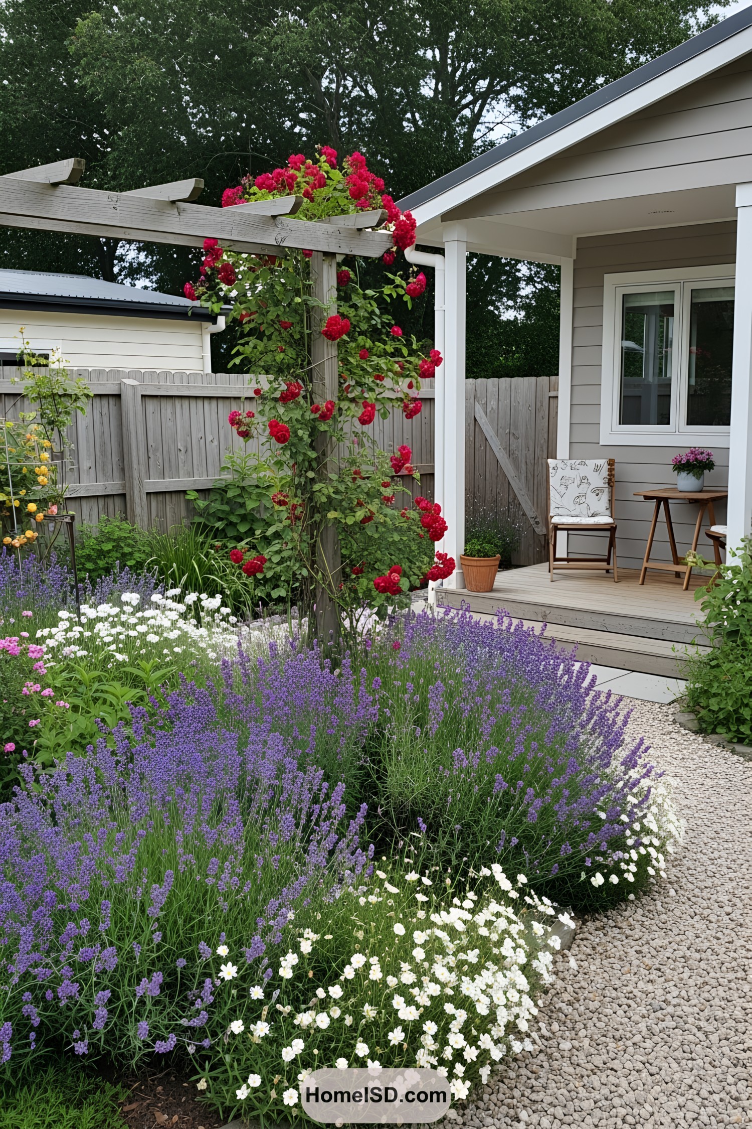 Cottage garden with flowers and patio seating