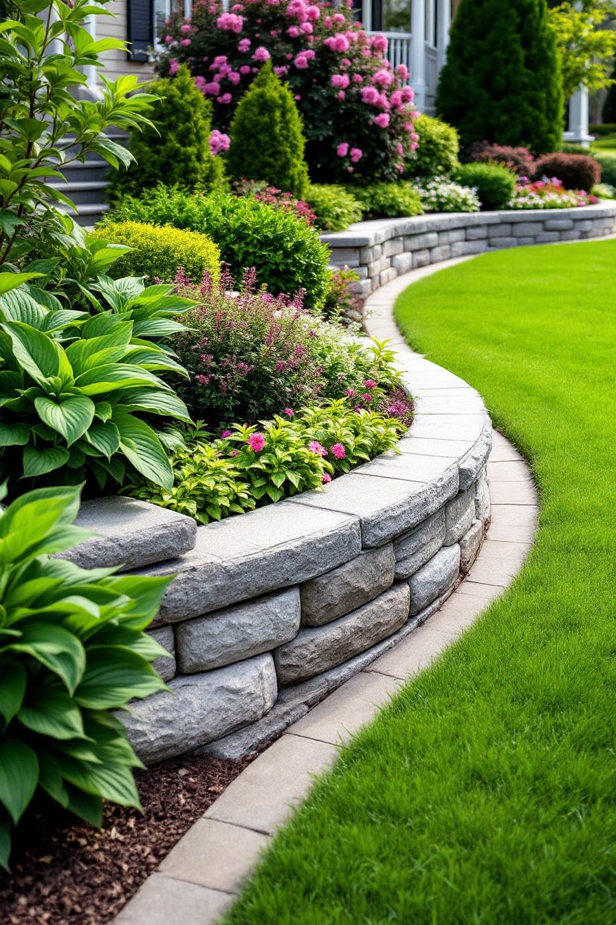 Elegant layered stone garden edging with lush greenery