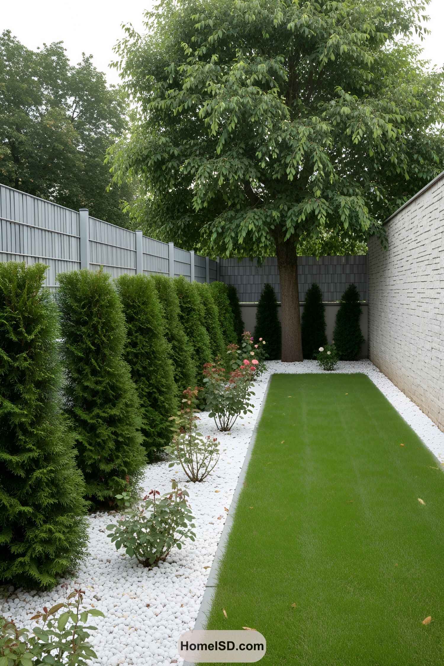 Neatly trimmed garden with white stones and lush greenery