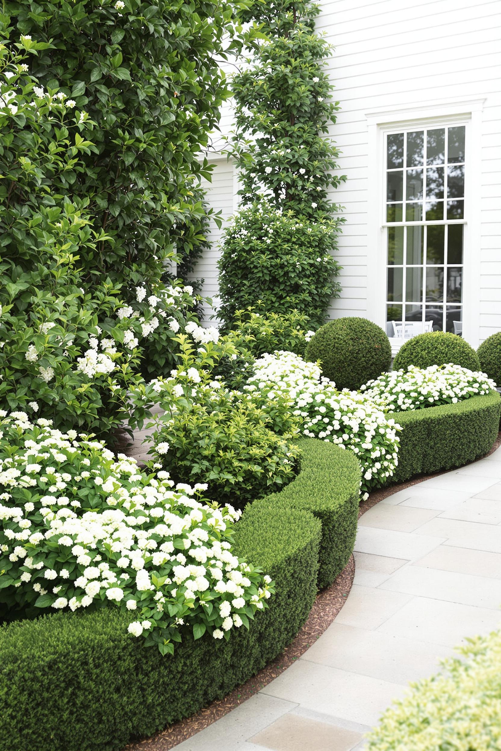 Green shrubbery and white flowers beside a white house